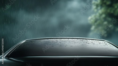 Rainy Car: Capturing the essence of a rain-soaked automobile, this image portrays a car in a dramatic weather event. Raindrops grace the surface of the vehicle.