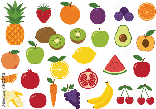 Fresh fruit collection, healthy food vector, colorful tropical fruits, juicy fruits illustration, banana, kiwi, cherry, apple, pomegranate, watermelon