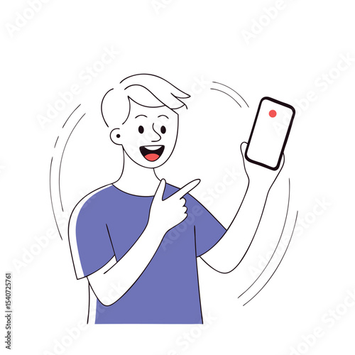 Smiling Caucasian man points to cellphone screen with red dot, showing ongoing live stream