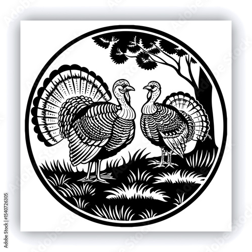 A mature, gray and white turkey hen is centered in a nest of straw. She is brooding over three eggs, with two small, light yellow chicks visible near the eggs. The turkey is positioned in a slightly c