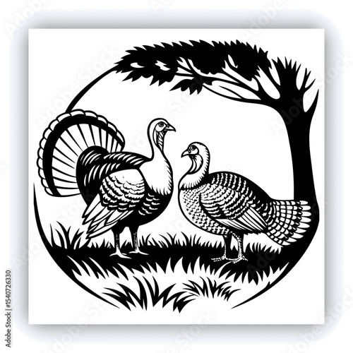 A mature, gray and white turkey hen is centered in a nest of straw. She is brooding over three eggs, with two small, light yellow chicks visible near the eggs. The turkey is positioned in a slightly c