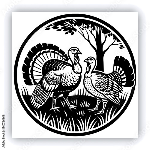 A mature, gray and white turkey hen is centered in a nest of straw. She is brooding over three eggs, with two small, light yellow chicks visible near the eggs. The turkey is positioned in a slightly c