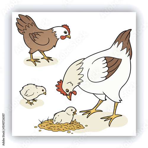 A mature, gray and white turkey hen is centered in a nest of straw. She is brooding over three eggs, with two small, light yellow chicks visible near the eggs. The turkey is positioned in a slightly c