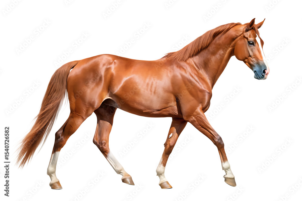 Naklejka premium Chestnut Horse Walking Side View Full Body A I Generated Stud Rich Brown Coat White Markings Long Mane Tail isolated on a transparent background