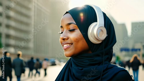 A close-up of the young woman in hijab reveals her happiness while enjoying music on the street. A smiling calm young African American woman in hijab with headphones on the bustling city street.