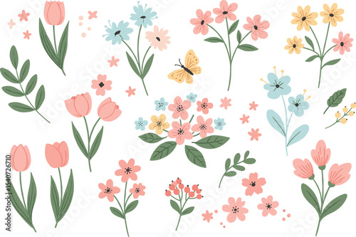 Hand drawn pastel floral clipart collection, spring flowers and leaves, pink tulips, cute blossoms, butterfly, minimalist botanical vector set