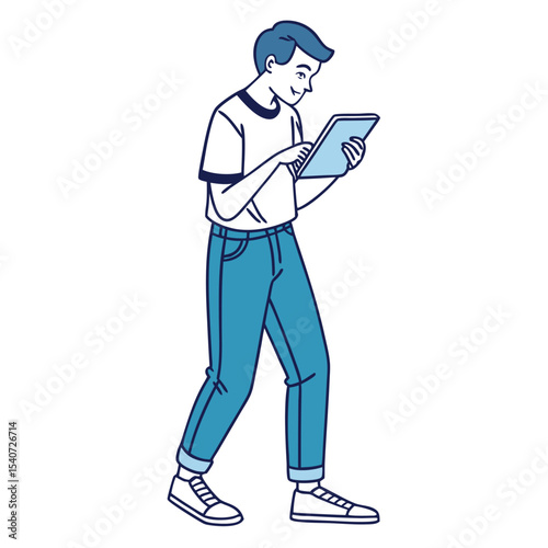 Smiling young man is using a tablet while walking in blue jeans and sneakers