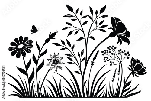 A monochrome garden showcases various plants and a delicate butterfly elegantly fluttering above them