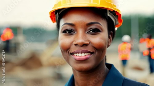 Smiling African American female supervisor with clipboard on construction site. With determination, she engages with the crew, using her clipboard to monitor progress.