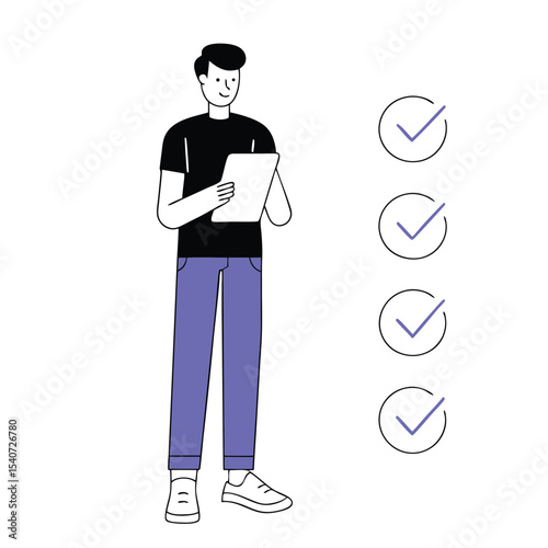 Caucasian man examines form with check marks showing successful completion of tasks effectively