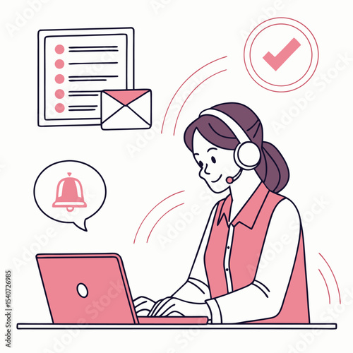 Smiling woman with headset types on laptop with notification symbols around her