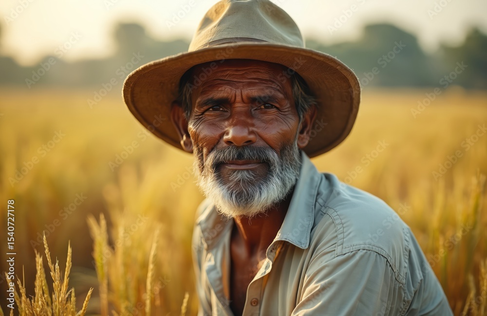Fototapeta premium Portrait of Indian farmer during harvest. Mature man wearing hat, shirt, stands in rice field, rural landscape. Farming, agriculture, cultivation concept, countryside, local community, food industry.