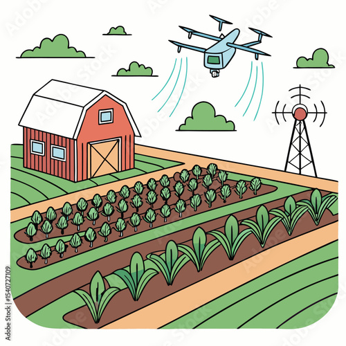 Vector cartoon illustration of a rural village landscape with a farm, windmill, house, and trees under a summer sky
