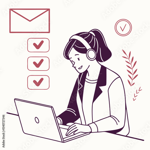 Smiling Asian woman with headphones works on a laptop with checklist symbols
