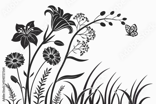Butterfly floats above a stylized meadow showcasing wildflowers and long grasses in simple monochrome