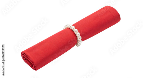 Red napkin tied with pearl ring isolated on white background  