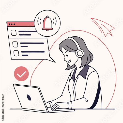 Happy woman wearing headset works at laptop, receiving notification and completing task