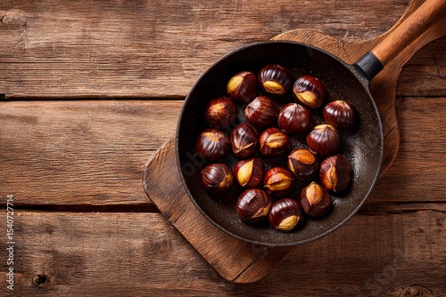A skillet filled with roasted chestnuts sits on a wooden surface, highlighting their glossy brown shells and golden insides, ideal for a cozy autumn snack