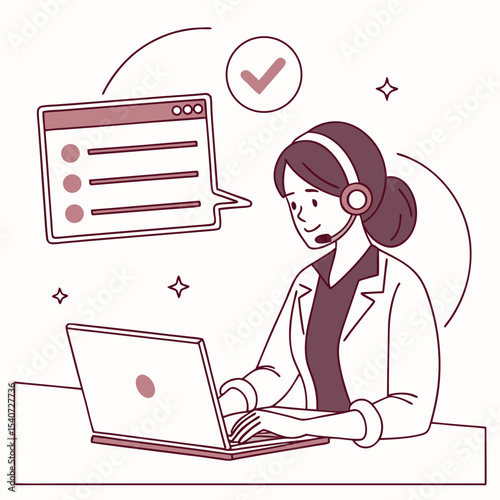 Asian woman using laptop with headset communicates with a checkmark beside the interface