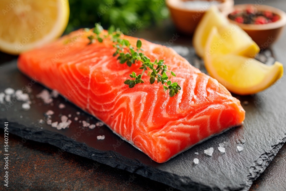 A vibrant salmon fillet rests on a dark stone surface, garnished with fresh herbs and accompanied by lemon slices and bowls of spices, ready for cooking A vibrant salmon fillet rests on a dark stone surface, garnished with fresh herbs and accompanied by lemon slices and bowls of spices, ready for cooking