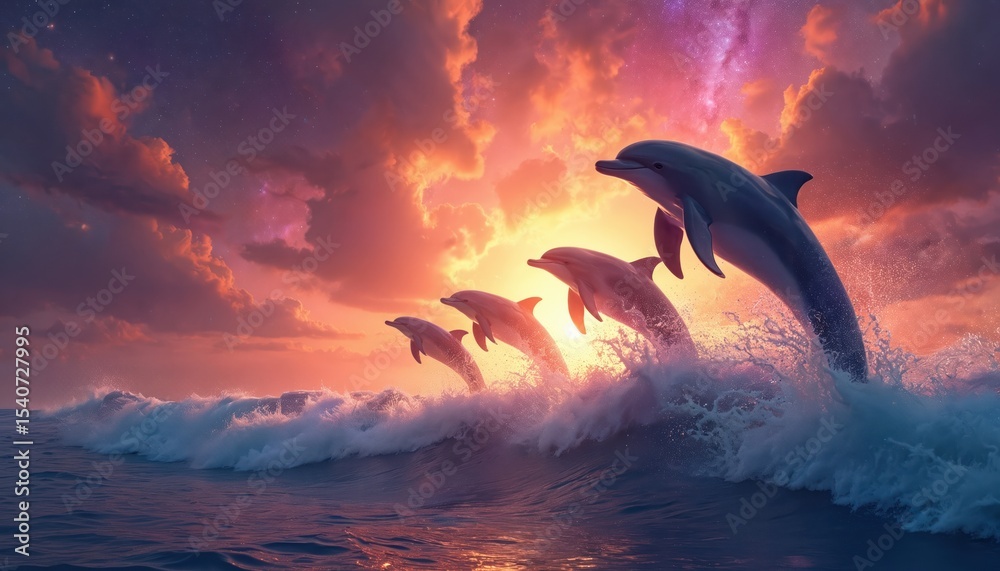 Fototapeta premium Dreamy artwork dolphins leaping from ocean waves against sunset background. Fantasy marine scene with sea creatures. Magical ocean life. Sky with vibrant colors. Celestial bodies galaxy cosmos.