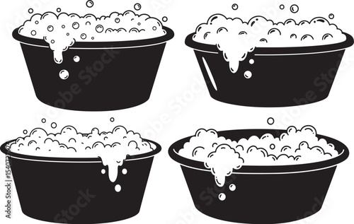 plastic basin container foam bubbles clean icon silhouette vector set 