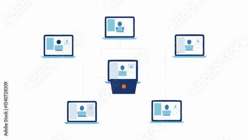 Illustration of several laptops connected in a network showing video conference participants on the screens