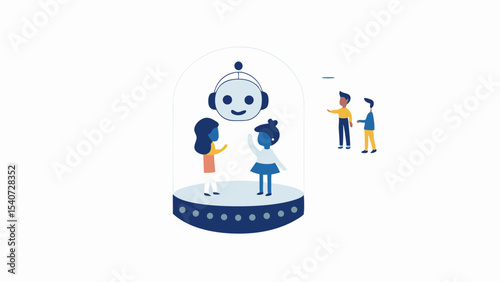 Illustration of two children interacting with a robot inside a dome and two people pointing nearby