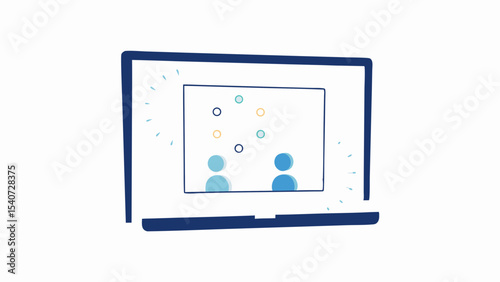 A laptop displaying a virtual meeting with two participants and floating circles in a simple design format