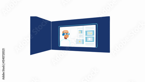 Illustration of a man with headphones and glasses on a screen in a blue walled room environment setting