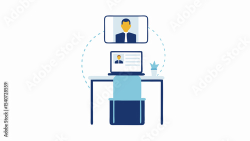 Illustration of a desk with a laptop and a screen showing a video call with a person on the screen