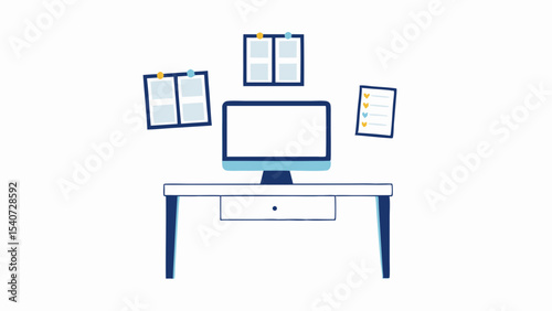 Illustration of a desk with computer monitor and wall mounted notes and a checklist in a clean style