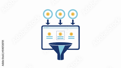Data filtering process shown with circles and arrows leading into a funnel through a computer screen