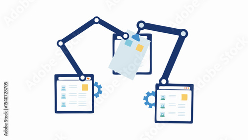 Illustration of robotic arms transferring data between computer screens with gears nearby
