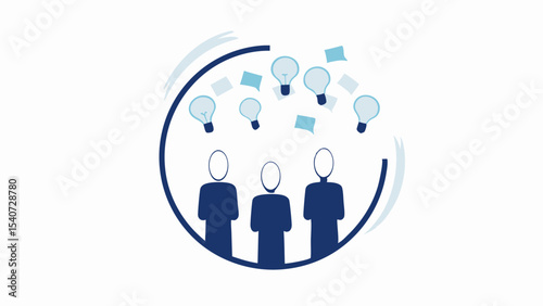 Three people with ideas represented by lightbulbs and confetti inside a circle design element