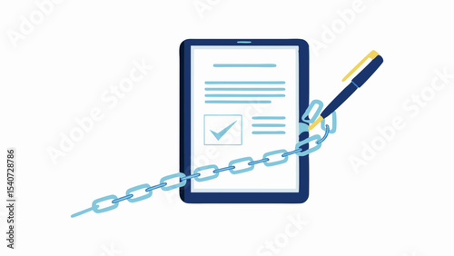 Illustration of a document on a tablet connected by a chain to a pen on a white background scene