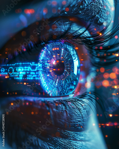 Futuristic eye digital technology glowing iris close up vibrant colors