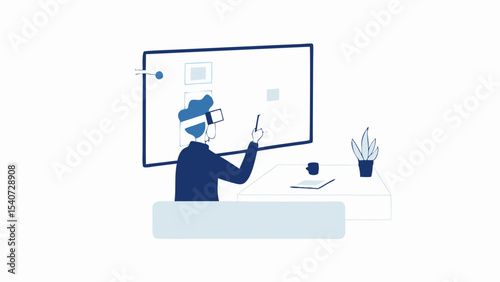 A person using vr headset interacting with a whiteboard in an office environment with plant and coffee