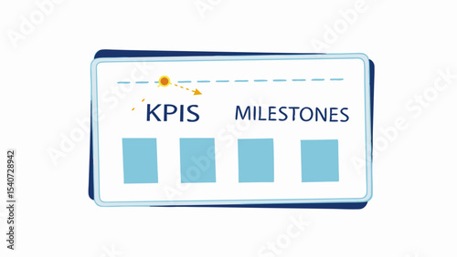 Illustration of kpis and milestones chart with progress indicator and four light blue blocks chart