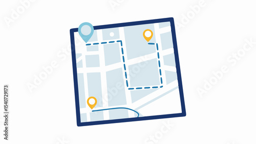 Illustration of a map with a blue border showing a route outlined with dashed lines and location markers