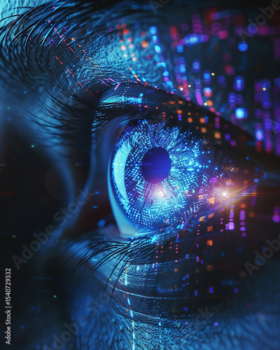 A digital eye glowing with vibrant blue light data streams and colorful particles surrounding it