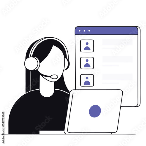 Woman wearing a headset and looking at the laptop and contact list displayed