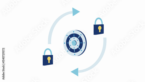 Circular security system with padlocks rotating around a central vault door with arrows showing flow
