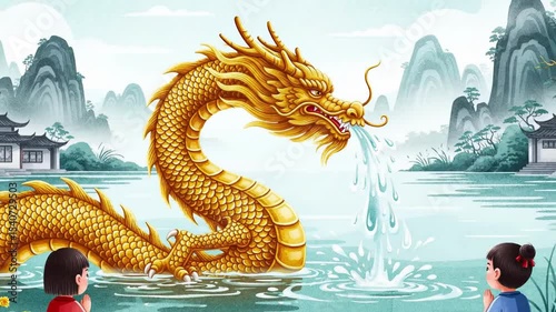 Golden dragon emerges from a misty lake children watch with wonder in a scenic landscape