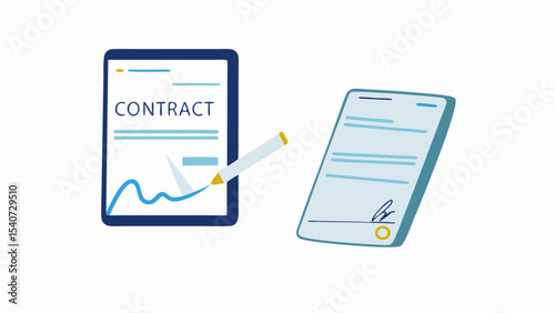 Illustration of a contract being signed with a pen next to another signed contract document layout