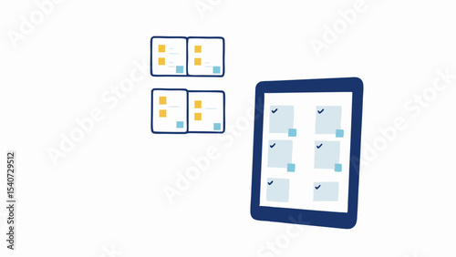 Illustration showing a tablet with checkmarks and sticky notes along with physical sticky notes in background