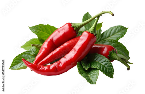 Closeup of Glossy Red Chili Peppers with Green Leaves on white background
