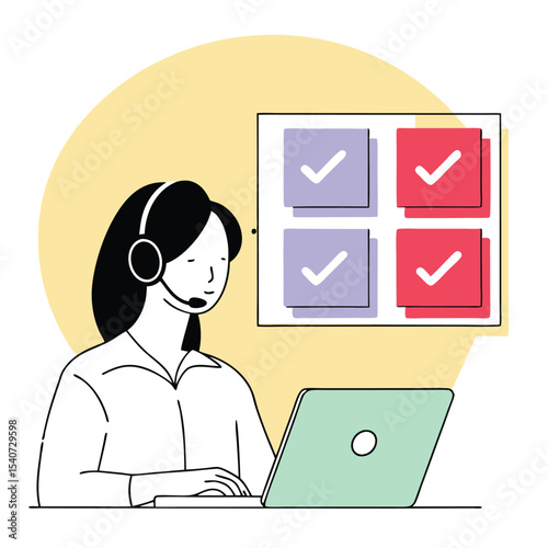 Asian woman wearing headset inputs data on laptop with positive task completed board