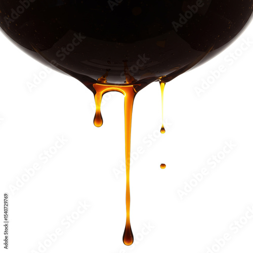 Dripping trickles or drizzles of dark, brown viscous liquid, malt syrup or dark balsamic vinegar or engine oil, isolated on transparent background. Texture of flowing thick substance