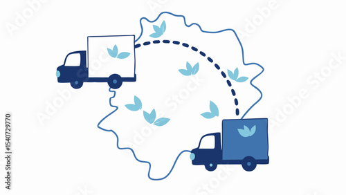 Two delivery trucks with leaves moving along a dotted line with a wavy border around them all together